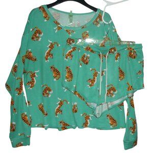 HoneyDew Pajamas Set Womens XL Green Tiger Sleep Shirt Shorts Soft
